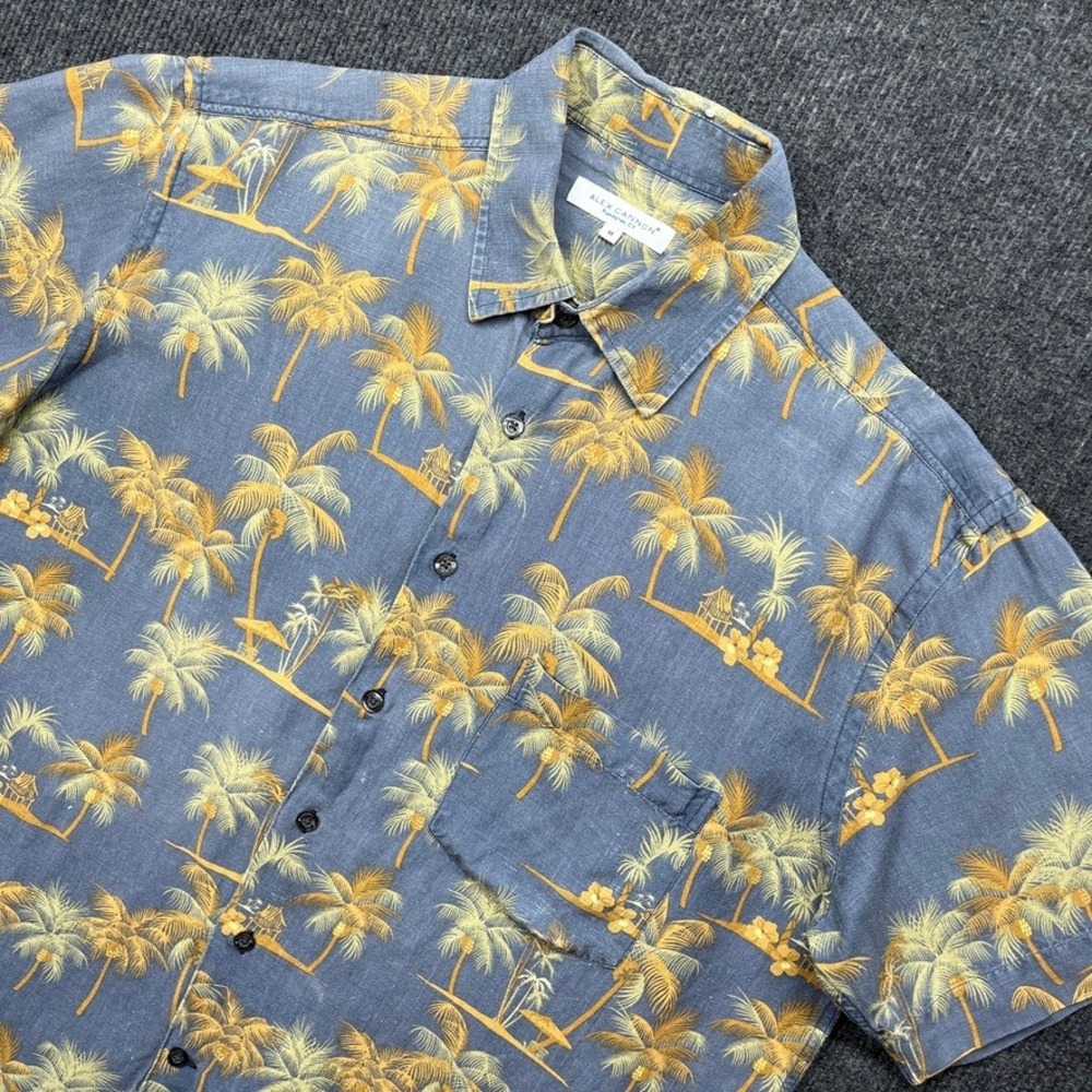 Alex Cannon Mens Medium Blue Tropical‎ Palm Tree Linen Blend Button Down Shirt